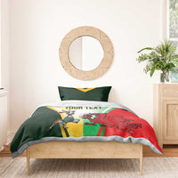 Rugby-themed duvet cover in green, yellow, and red with bull and dragon graphic; “YOUR TEXT”