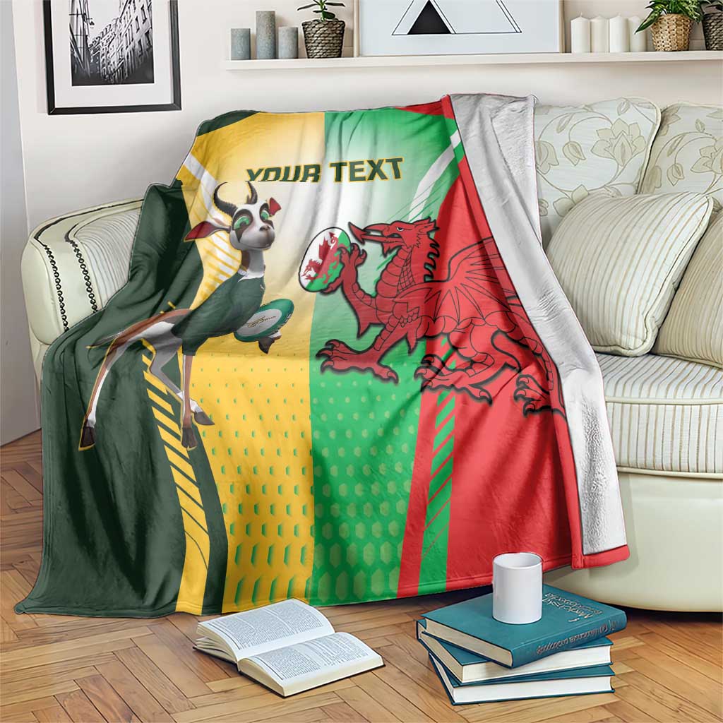 Rugby blanket with green, red, and yellow flag design, dragon and goat mascots, custom text