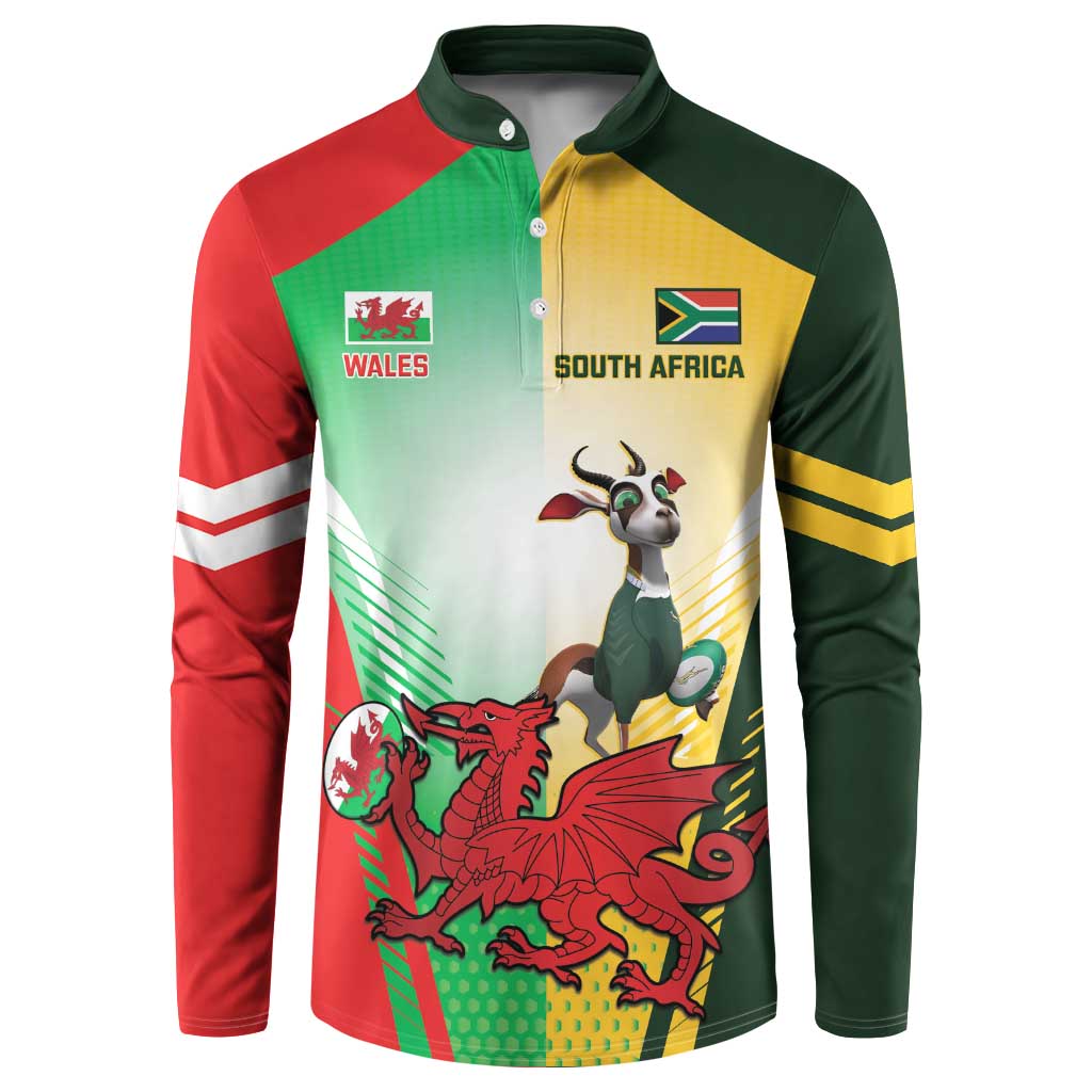 Front view rugby button sweatshirt with Wales and South Africa mascot crests and graphic art.