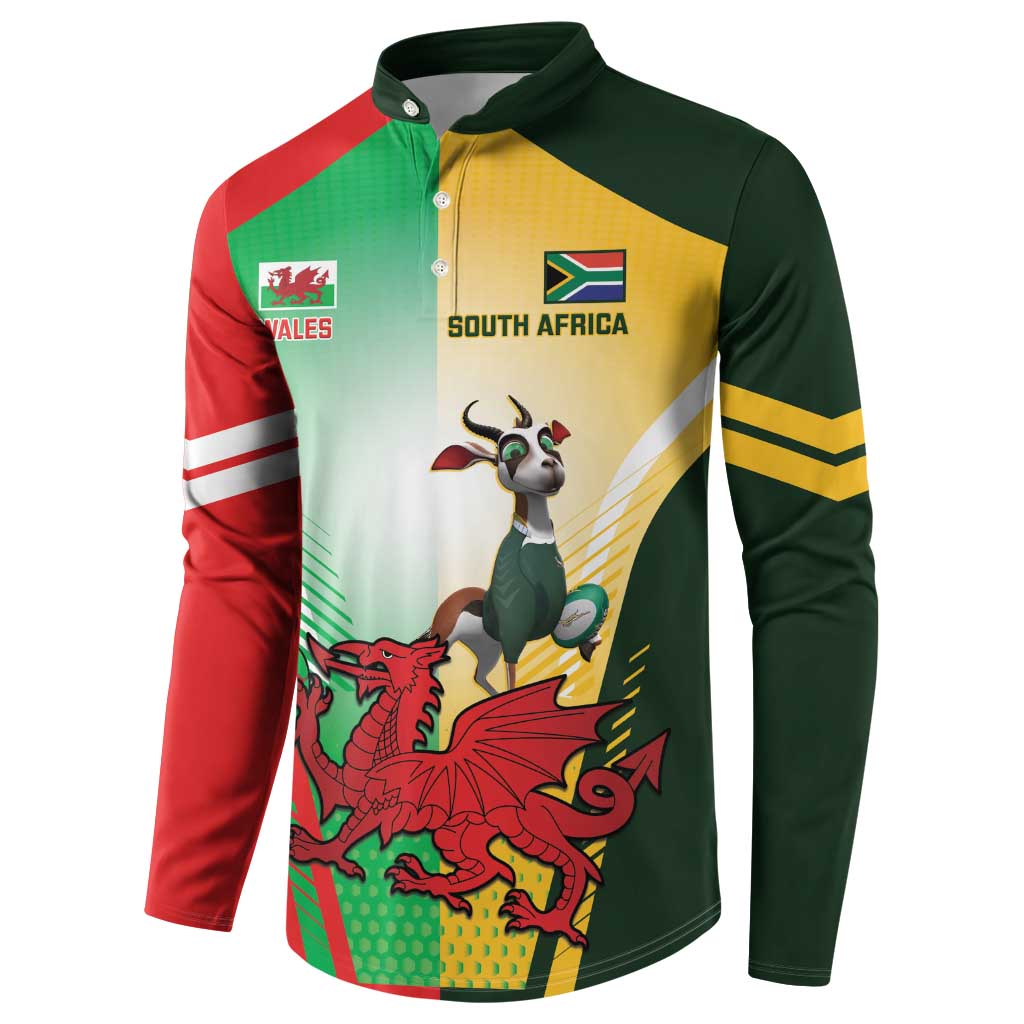 Rugby button sweatshirt with multicolor Wales and South Africa mascot graphics, polo collar.