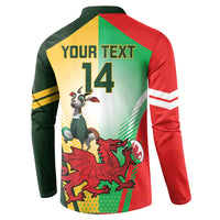 Rugby button sweatshirt back with 'YOUR TEXT' 14, mascot graphic, striped sleeves.