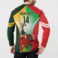 Rugby button sweatshirt worn by model, back shows 'YOUR TEXT' 14 and mascot artwork.