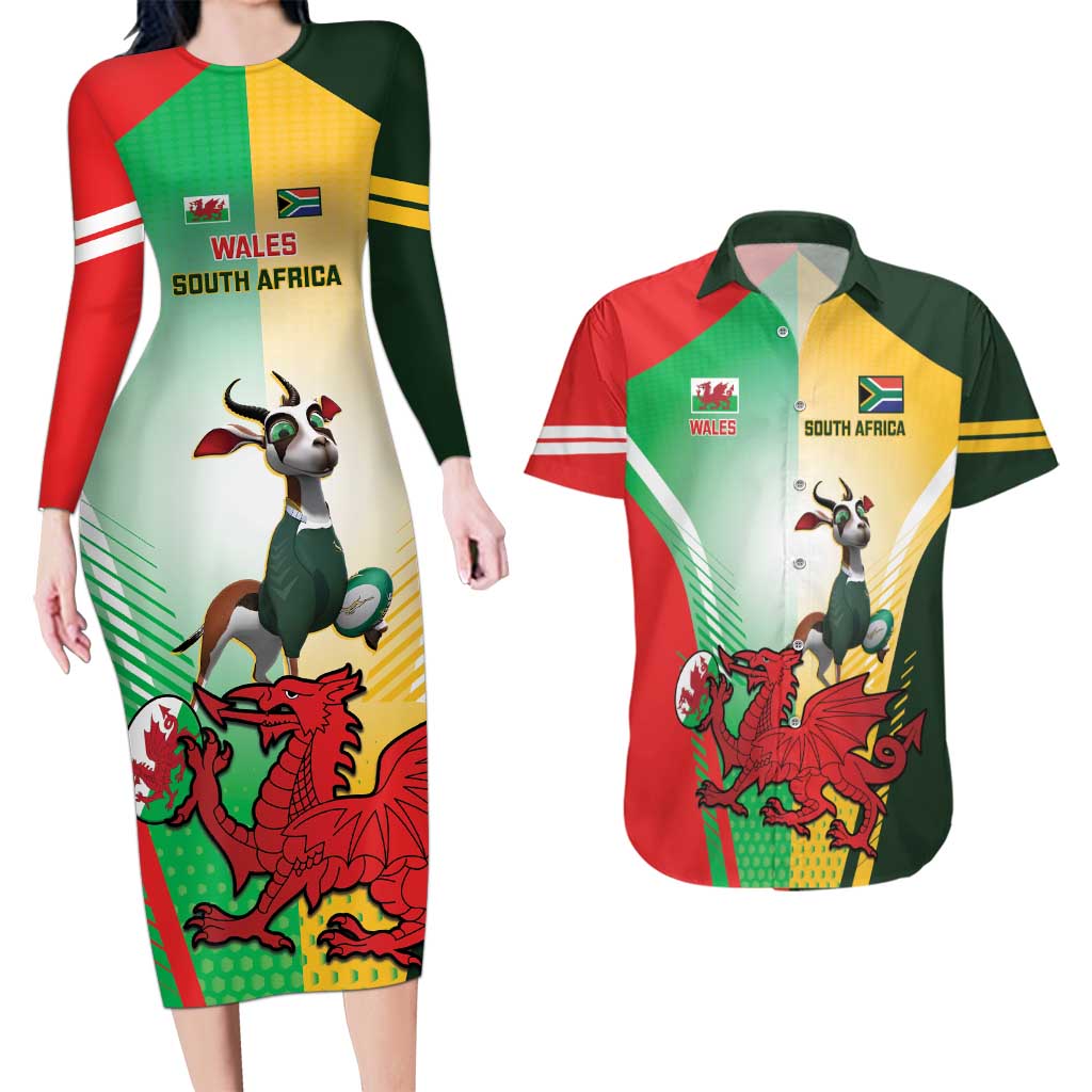 Custom South Africa And Wales Rugby Couples Matching Long Sleeve Bodycon Dress and Hawaiian Shirt Springboks Welsh Mascots Dynamic Version - Wonder Print Shop