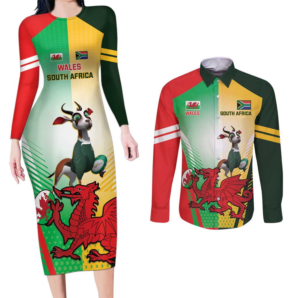 Custom South Africa And Wales Rugby Couples Matching Long Sleeve Bodycon Dress and Long Sleeve Button Shirt Springboks Welsh Mascots Dynamic Version - Wonder Print Shop