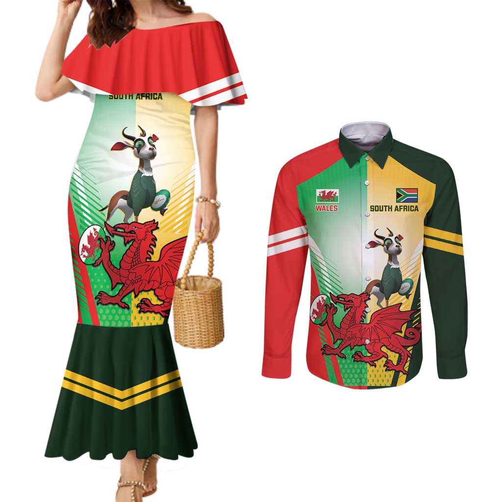 Custom South Africa And Wales Rugby Couples Matching Mermaid Dress and Long Sleeve Button Shirt Springboks Welsh Mascots Dynamic Version