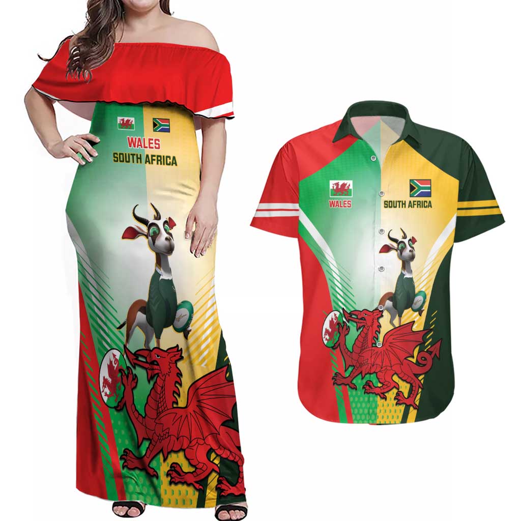 Custom South Africa And Wales Rugby Couples Matching Off Shoulder Maxi Dress and Hawaiian Shirt Springboks Welsh Mascots Dynamic Version - Wonder Print Shop