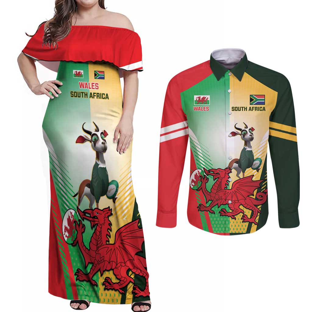 Custom South Africa And Wales Rugby Couples Matching Off Shoulder Maxi Dress and Long Sleeve Button Shirt Springboks Welsh Mascots Dynamic Version - Wonder Print Shop