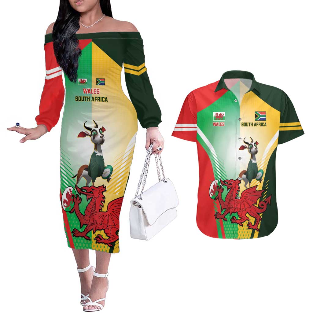 Custom South Africa And Wales Rugby Couples Matching Off The Shoulder Long Sleeve Dress and Hawaiian Shirt Springboks Welsh Mascots Dynamic Version - Wonder Print Shop