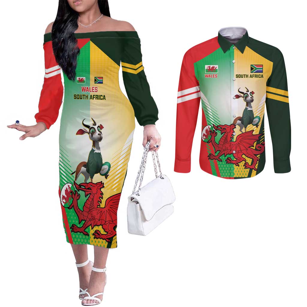 Custom South Africa And Wales Rugby Couples Matching Off The Shoulder Long Sleeve Dress and Long Sleeve Button Shirt Springboks Welsh Mascots Dynamic Version