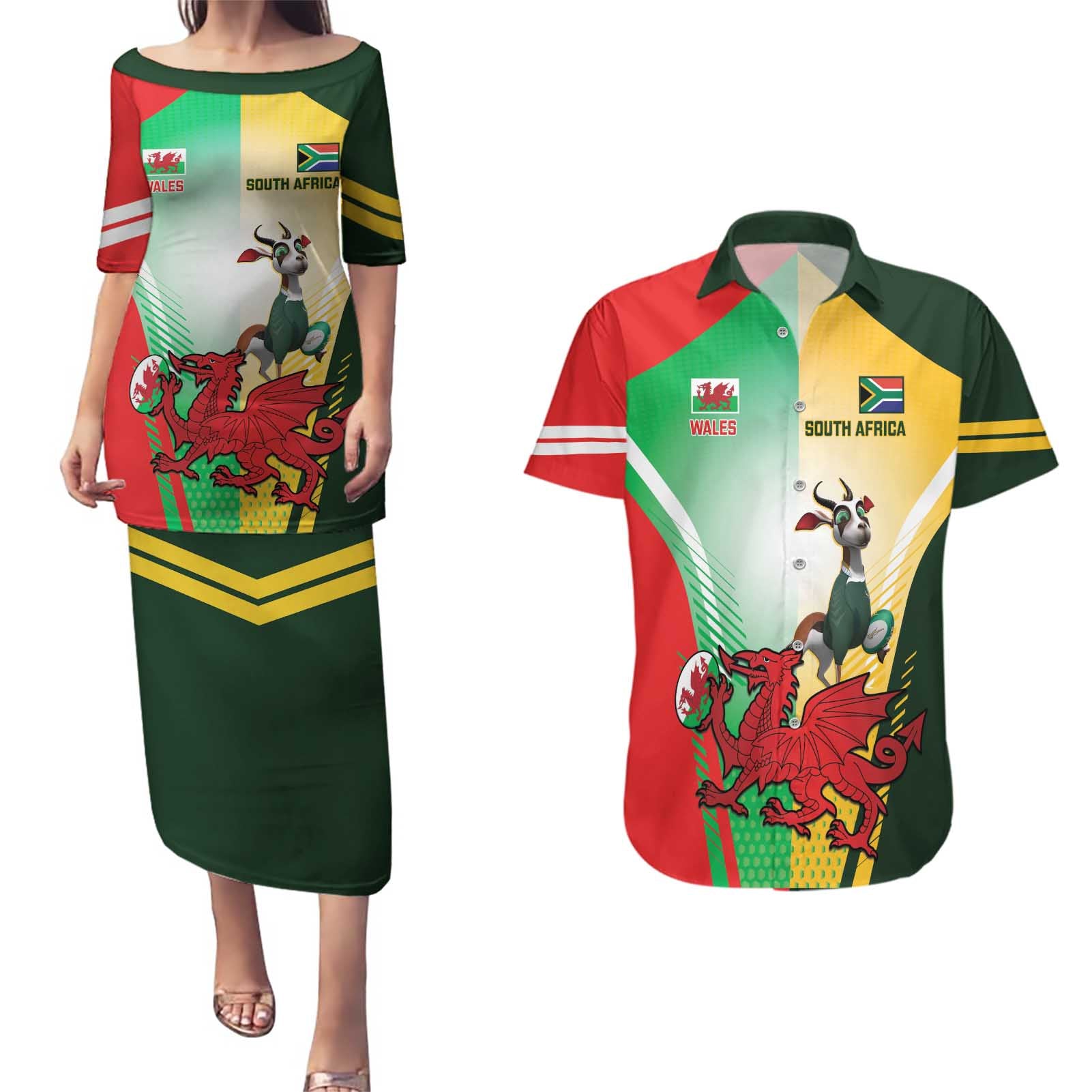 Custom South Africa And Wales Rugby Couples Matching Puletasi and Hawaiian Shirt Springboks Welsh Mascots Dynamic Version - Wonder Print Shop