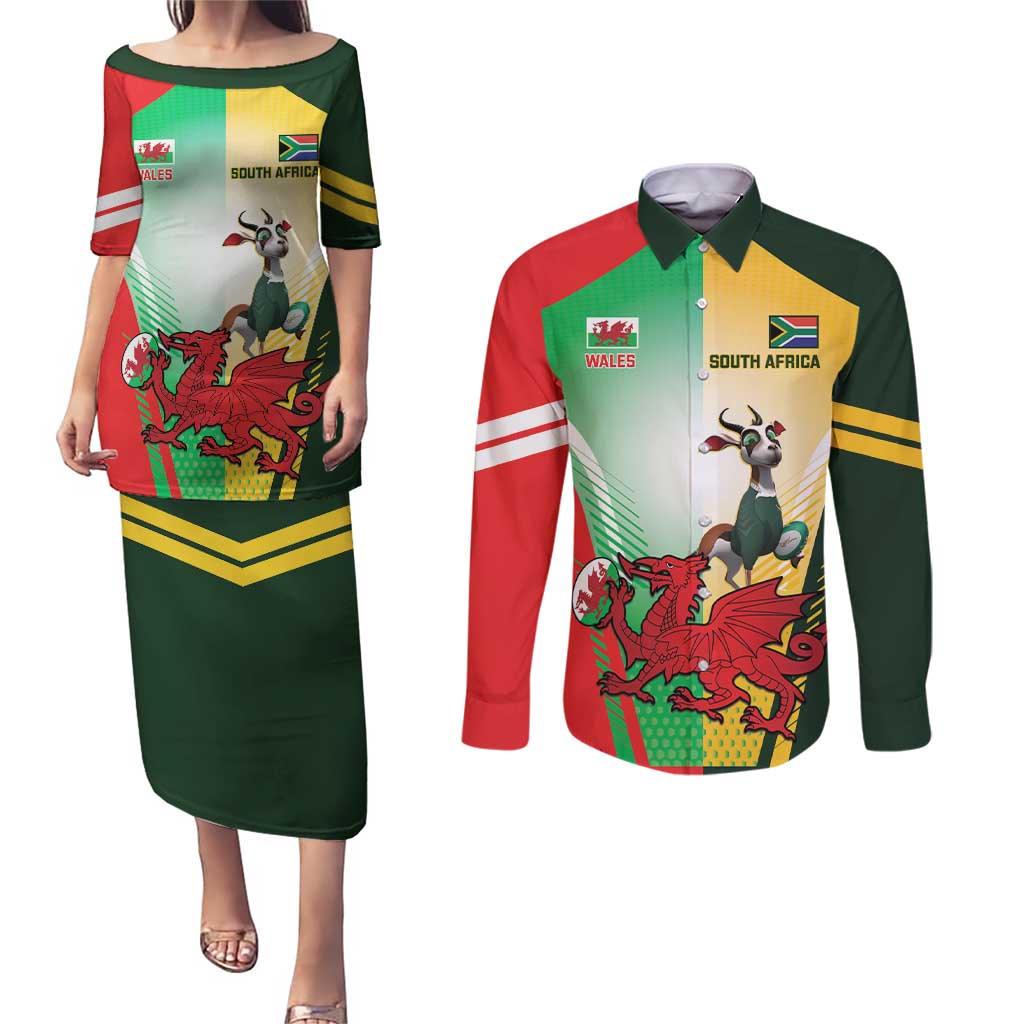 Custom South Africa And Wales Rugby Couples Matching Puletasi and Long Sleeve Button Shirt Springboks Welsh Mascots Dynamic Version - Wonder Print Shop