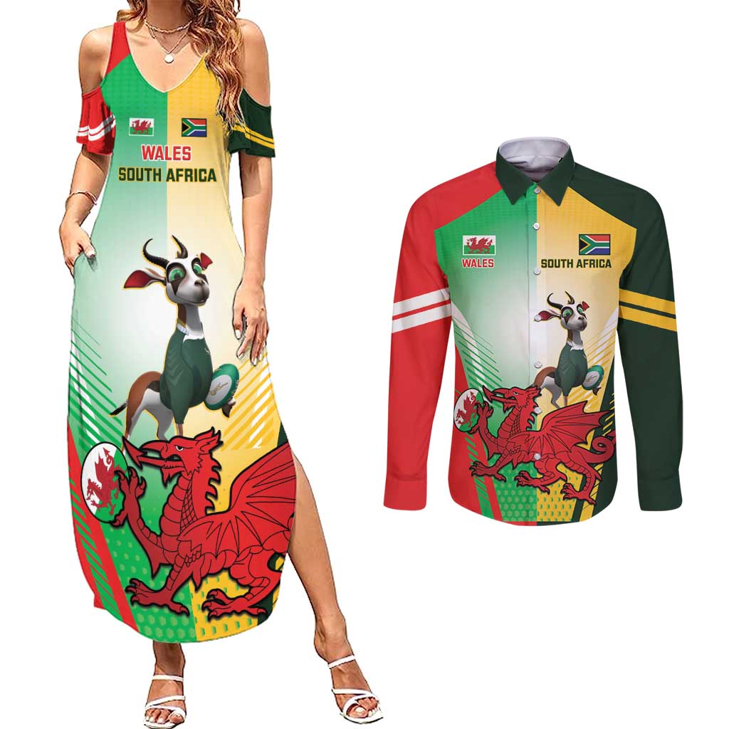 Custom South Africa And Wales Rugby Couples Matching Summer Maxi Dress and Long Sleeve Button Shirt Springboks Welsh Mascots Dynamic Version - Wonder Print Shop