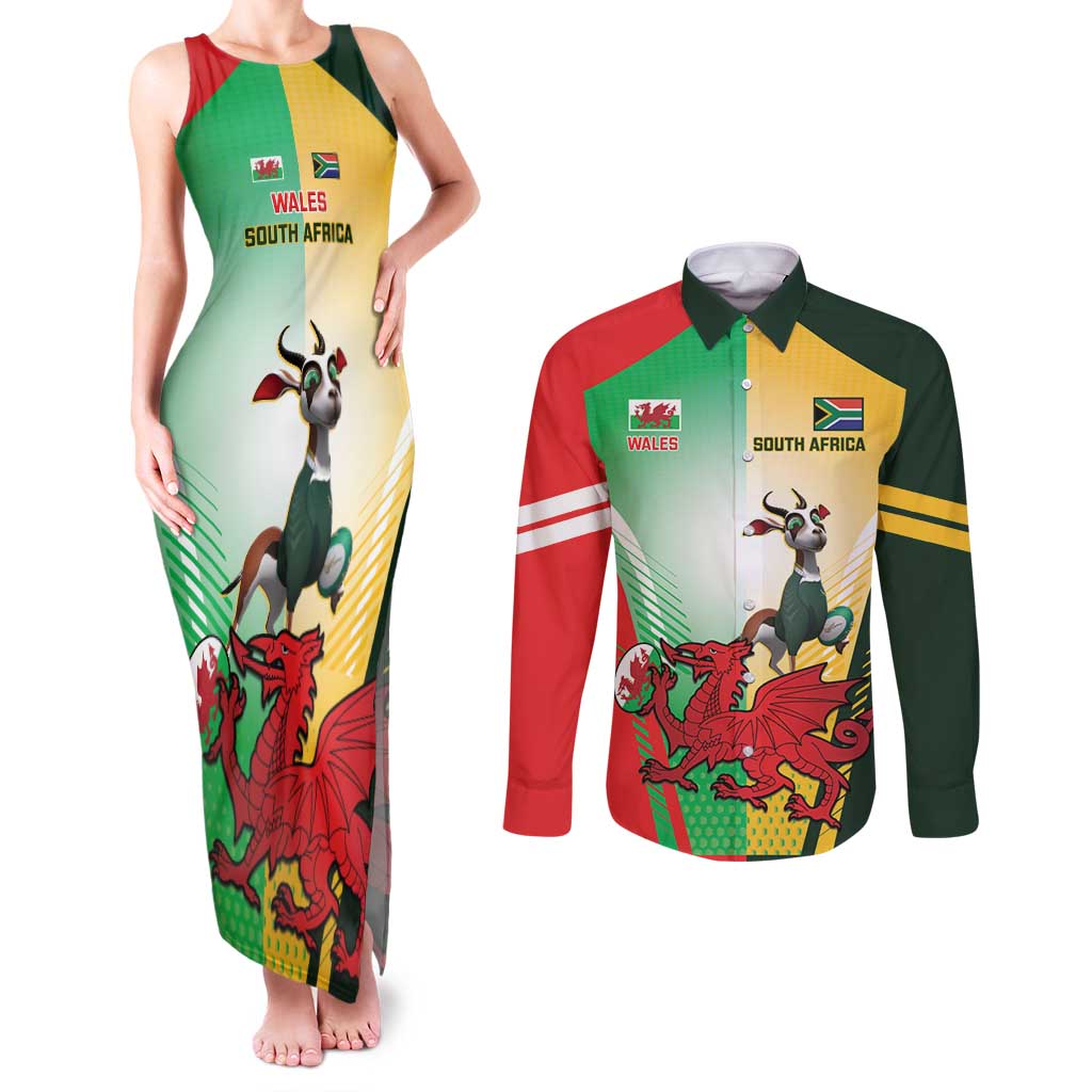 Custom South Africa And Wales Rugby Couples Matching Tank Maxi Dress and Long Sleeve Button Shirt Springboks Welsh Mascots Dynamic Version - Wonder Print Shop