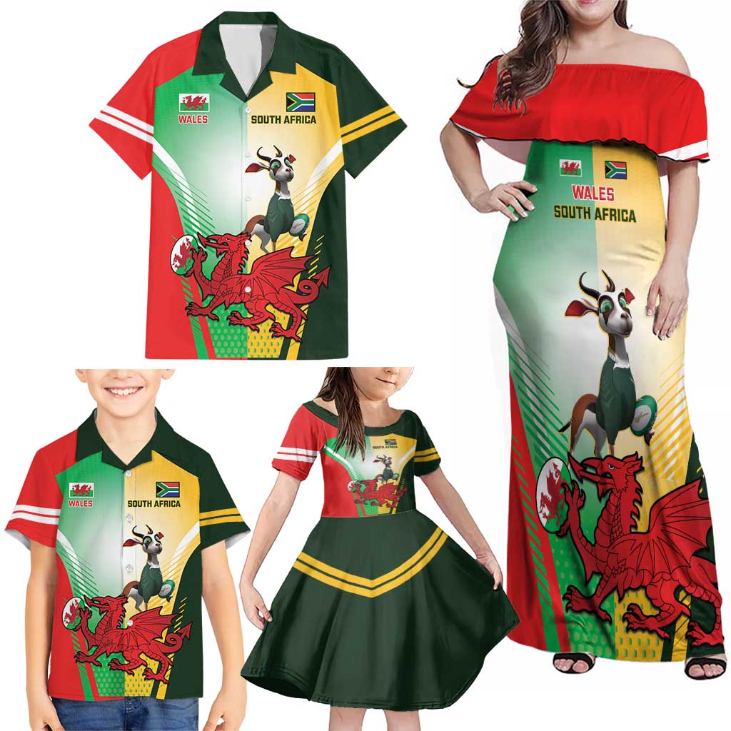 Custom South Africa And Wales Rugby Family Matching Off Shoulder Maxi Dress and Hawaiian Shirt Springboks Welsh Mascots Dynamic Version - Wonder Print Shop