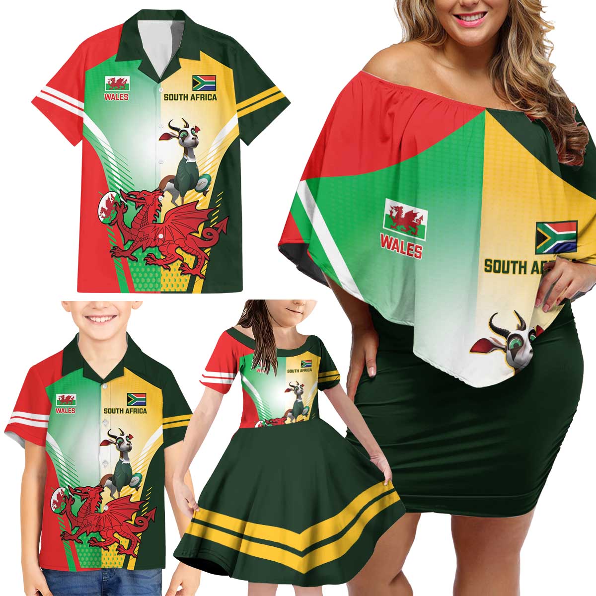 Custom South Africa And Wales Rugby Family Matching Off Shoulder Short Dress and Hawaiian Shirt Springboks Welsh Mascots Dynamic Version - Wonder Print Shop