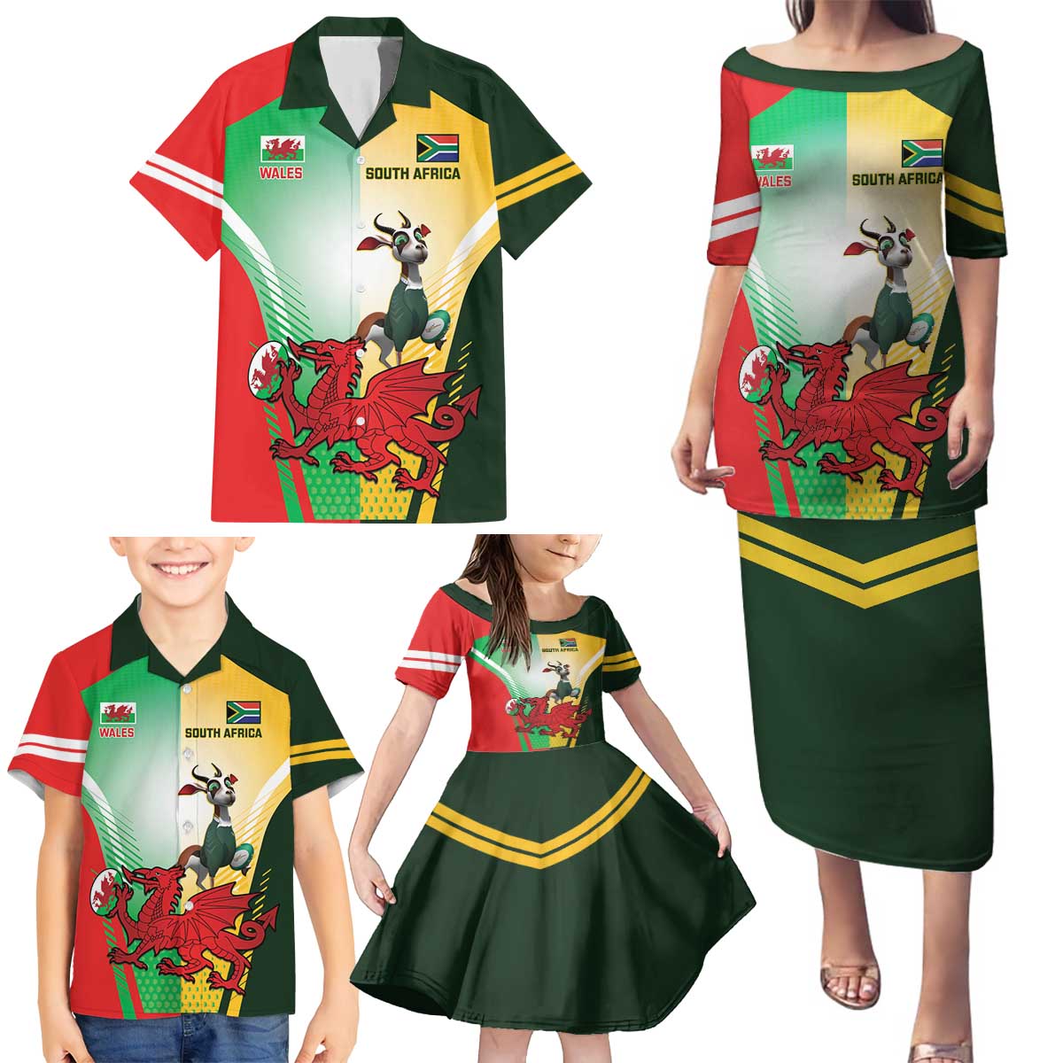 Custom South Africa And Wales Rugby Family Matching Puletasi and Hawaiian Shirt Springboks Welsh Mascots Dynamic Version - Wonder Print Shop