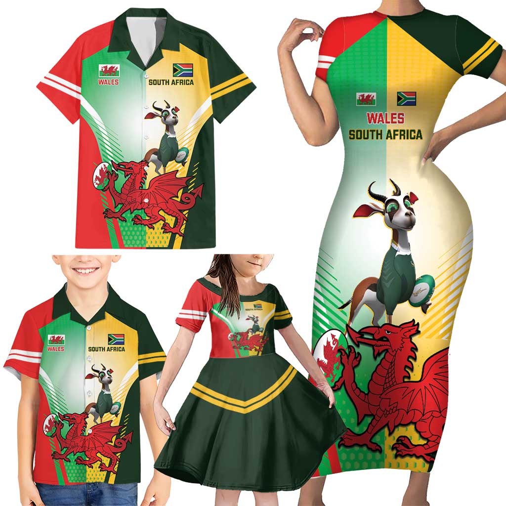 Custom South Africa And Wales Rugby Family Matching Short Sleeve Bodycon Dress and Hawaiian Shirt Springboks Welsh Mascots Dynamic Version - Wonder Print Shop