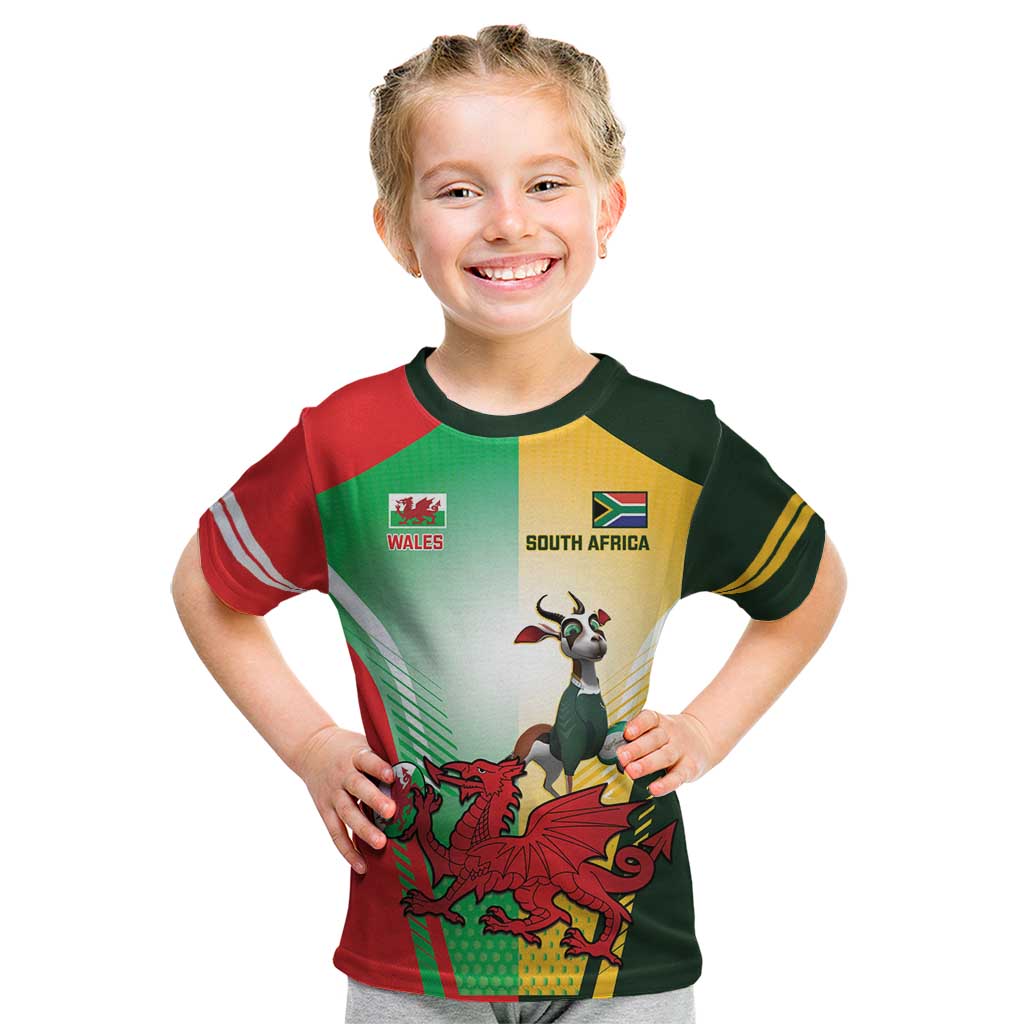 Custom South Africa And Wales Rugby Kid T Shirt Springboks Welsh Mascots Dynamic Version - Wonder Print Shop