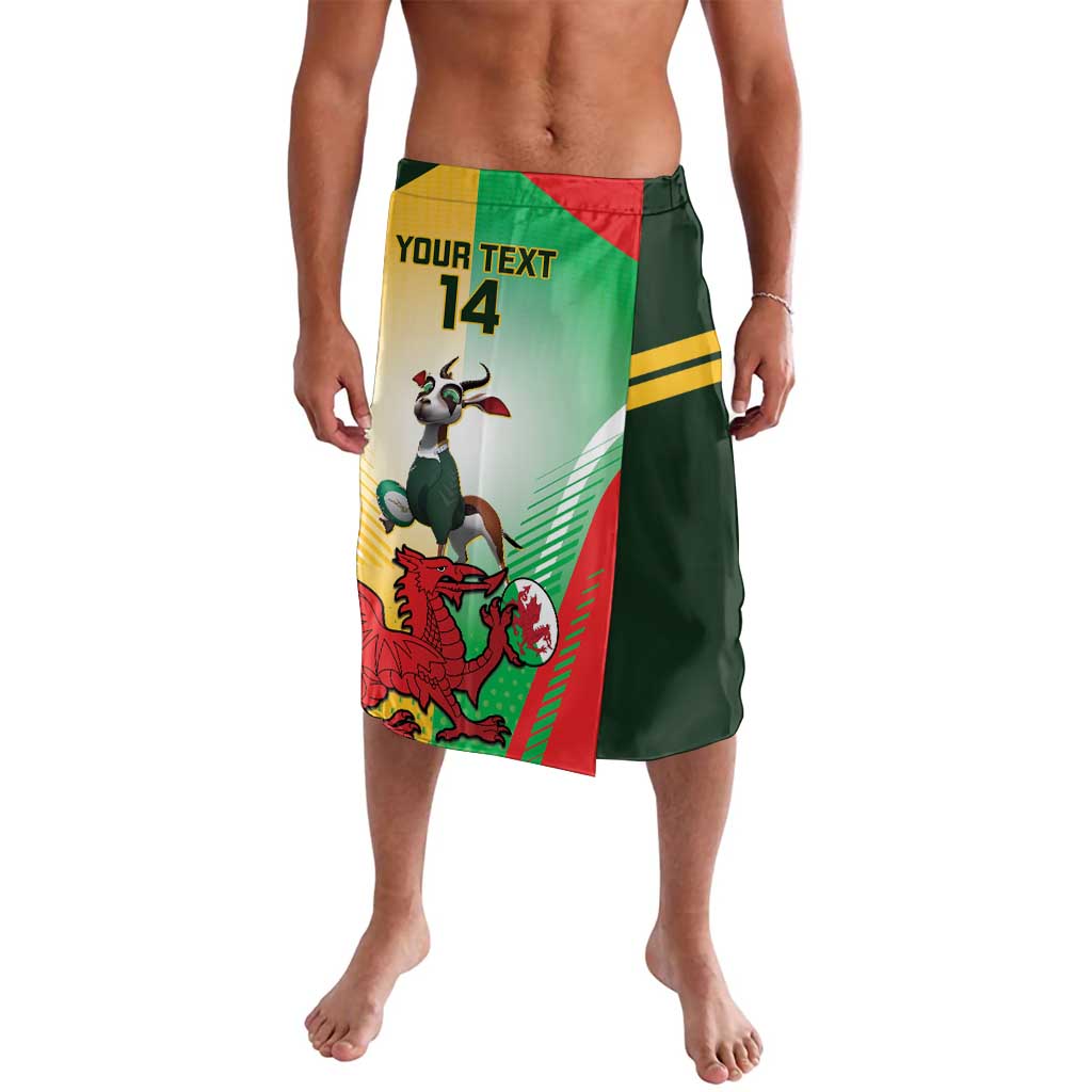 Green rugby lavalava skirt with red/yellow/white graphic front, size 14