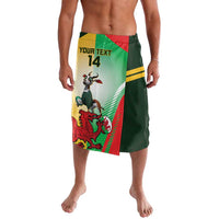 Green rugby lavalava skirt with red/yellow/white graphic front, size 14