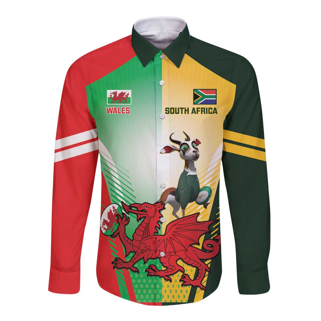 Long-sleeve rugby button shirt with mascot crest graphic, multicolor panels