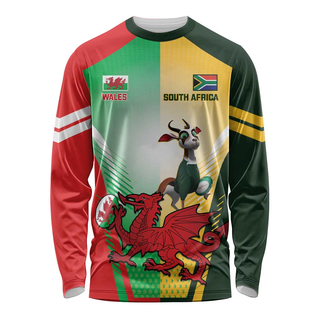 Custom South Africa And Wales Rugby Long Sleeve Shirt Springboks Welsh Mascots Dynamic Version - Wonder Print Shop