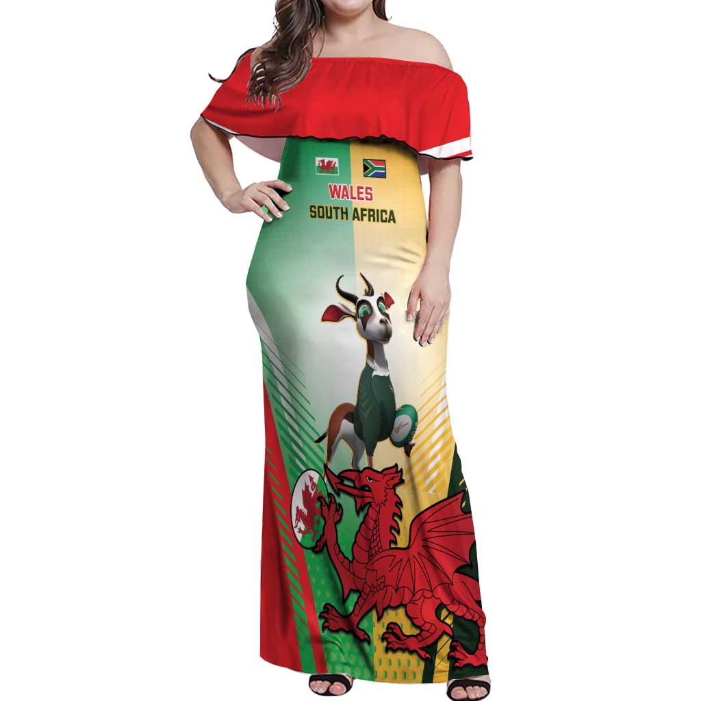 Custom South Africa And Wales Rugby Off Shoulder Maxi Dress Springboks Welsh Mascots Dynamic Version - Wonder Print Shop