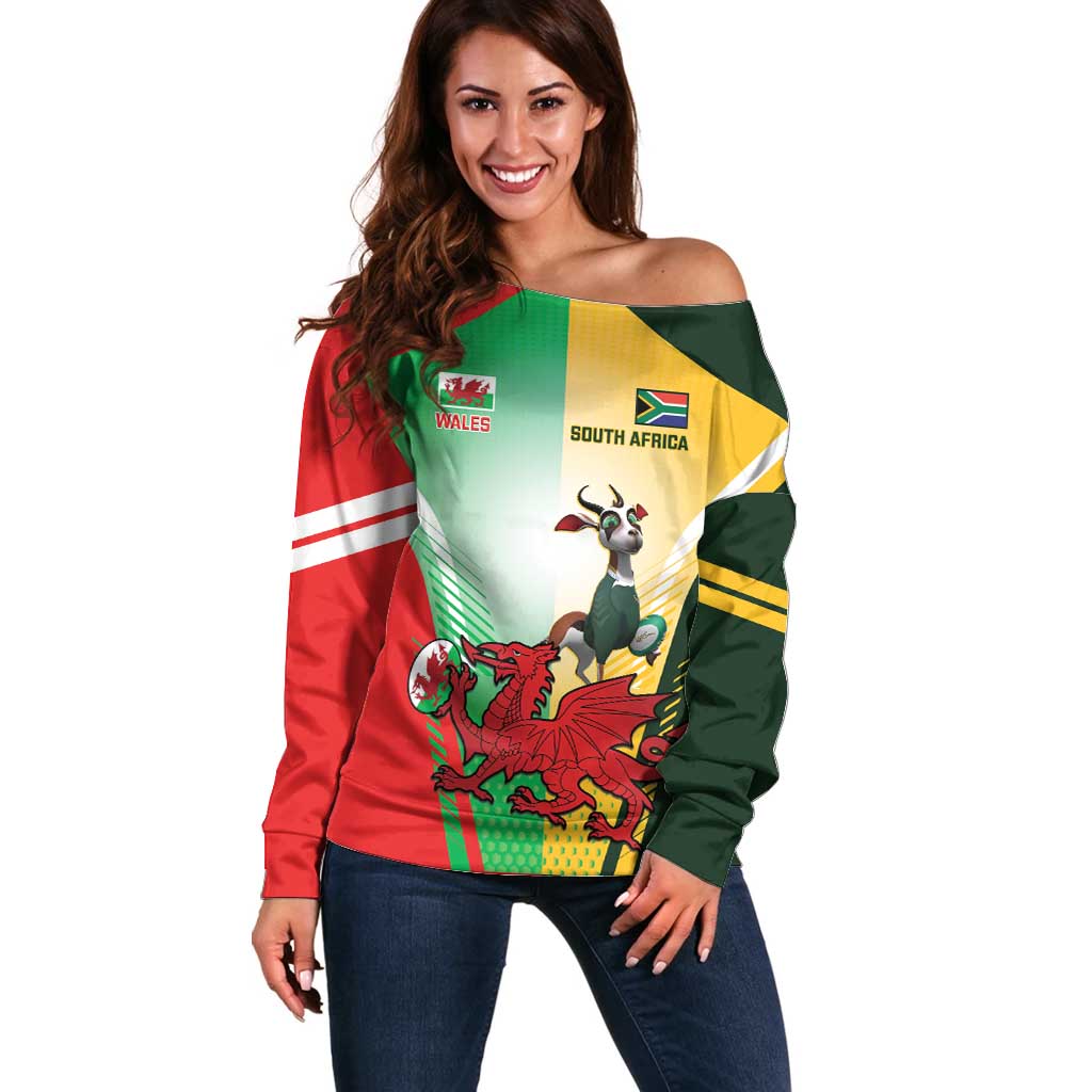 Custom South Africa And Wales Rugby Off Shoulder Sweater Springboks Welsh Mascots Dynamic Version - Wonder Print Shop