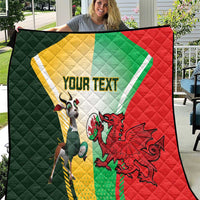 Custom rugby quilt with green, yellow, red flag design, rugby mascot, and YOUR TEXT