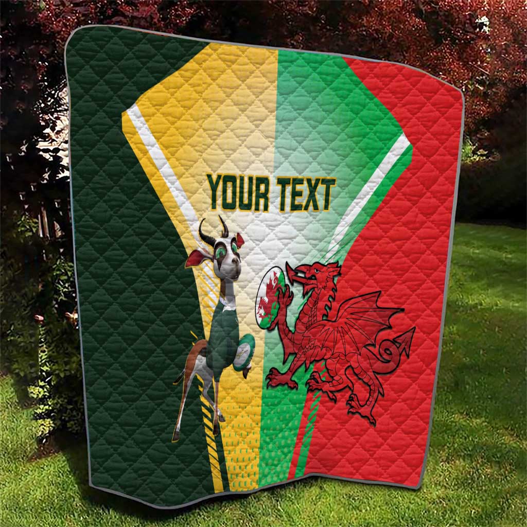 Custom rugby quilt with green, yellow, red flag blocks, rugby mascot, and YOUR TEXT