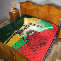 Custom rugby quilt on bed with green, yellow, red flag design, dragon emblem, YOUR TEXT