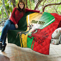 Custom rugby quilt with green, yellow, red flag design, rugby mascot, and YOUR TEXT