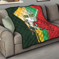 Custom rugby quilt on sofa with green, yellow, red flag design and YOUR TEXT