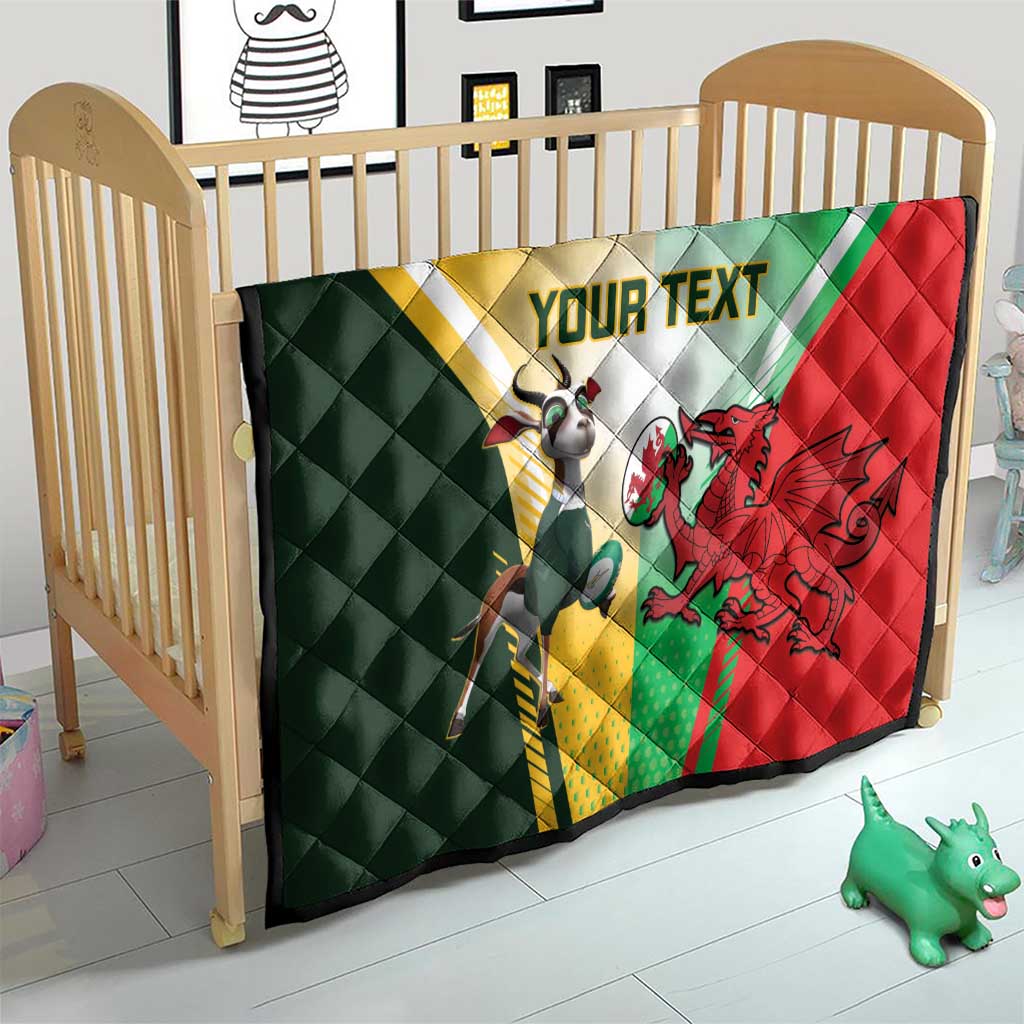 Custom rugby quilt on crib with green, yellow, red flag design, dragon emblem, YOUR TEXT