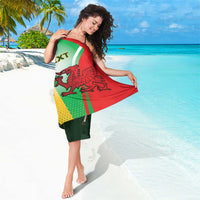 Custom rugby sarong with red dragon emblem, white stripe, and green/yellow sides