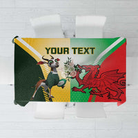 Red tablecloth with green and yellow panel, rugby mascots and custom text print