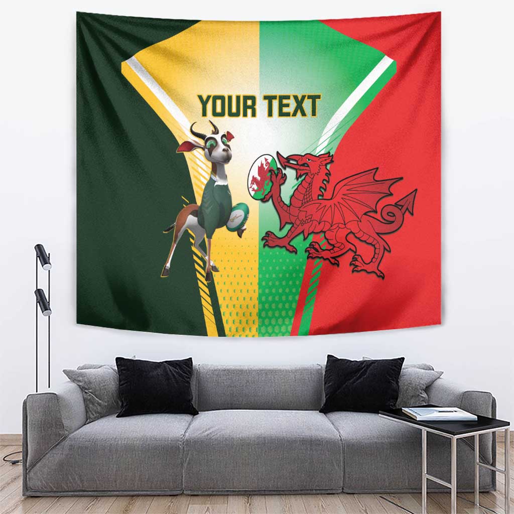 Wall tapestry with Springbok character and red Welsh dragon over green, yellow, and red stripes