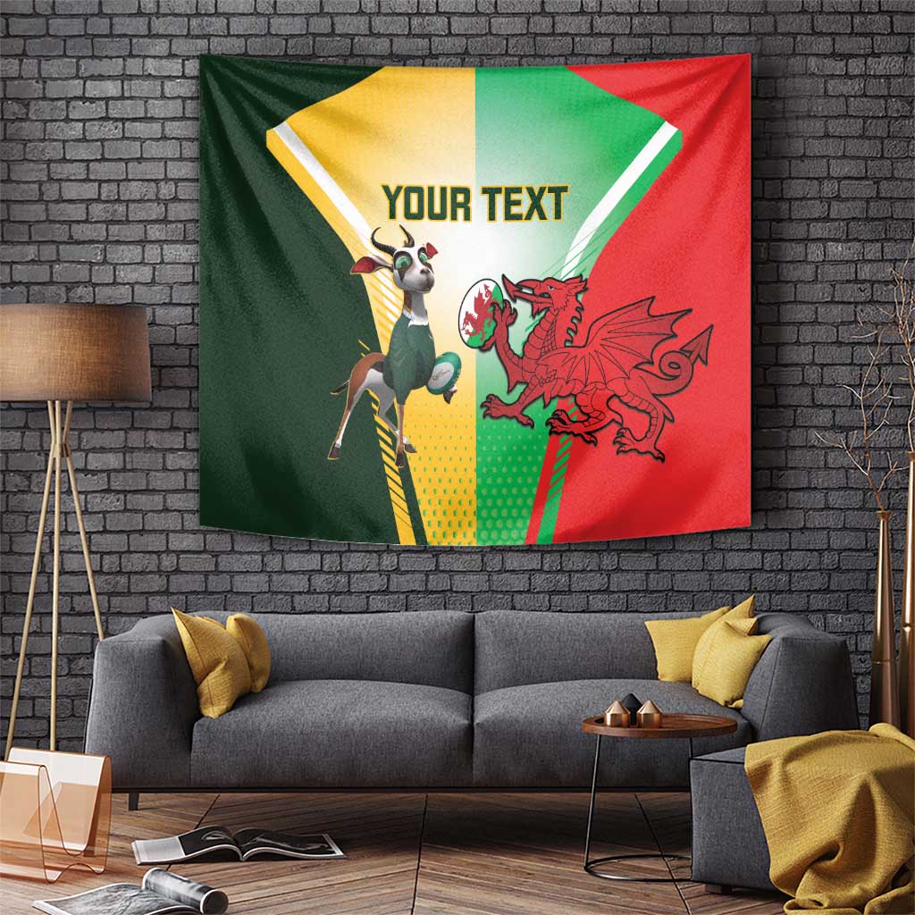 Green, yellow, red rugby tapestry with Springbok figure and red Welsh dragon graphic