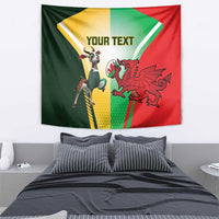 Custom rugby tapestry with “YOUR TEXT” and Springbok plus red Welsh dragon on flag colors