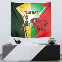 Rugby tapestry showing Springbok mascot, red Welsh dragon, and bold green-yellow-red flag design