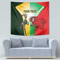 Rugby wall tapestry with “YOUR TEXT,” Springbok character, and red Welsh dragon on tricolor design