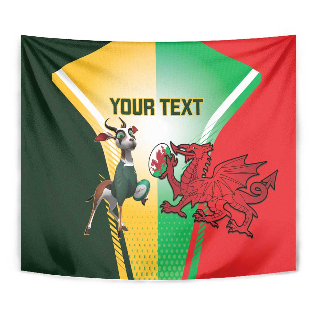 Square rugby tapestry featuring Springbok figure and red Welsh dragon on green, yellow, red background