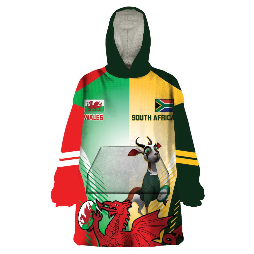 Custom South Africa And Wales Rugby Wearable Blanket Hoodie Springboks Welsh Mascots Dynamic Version