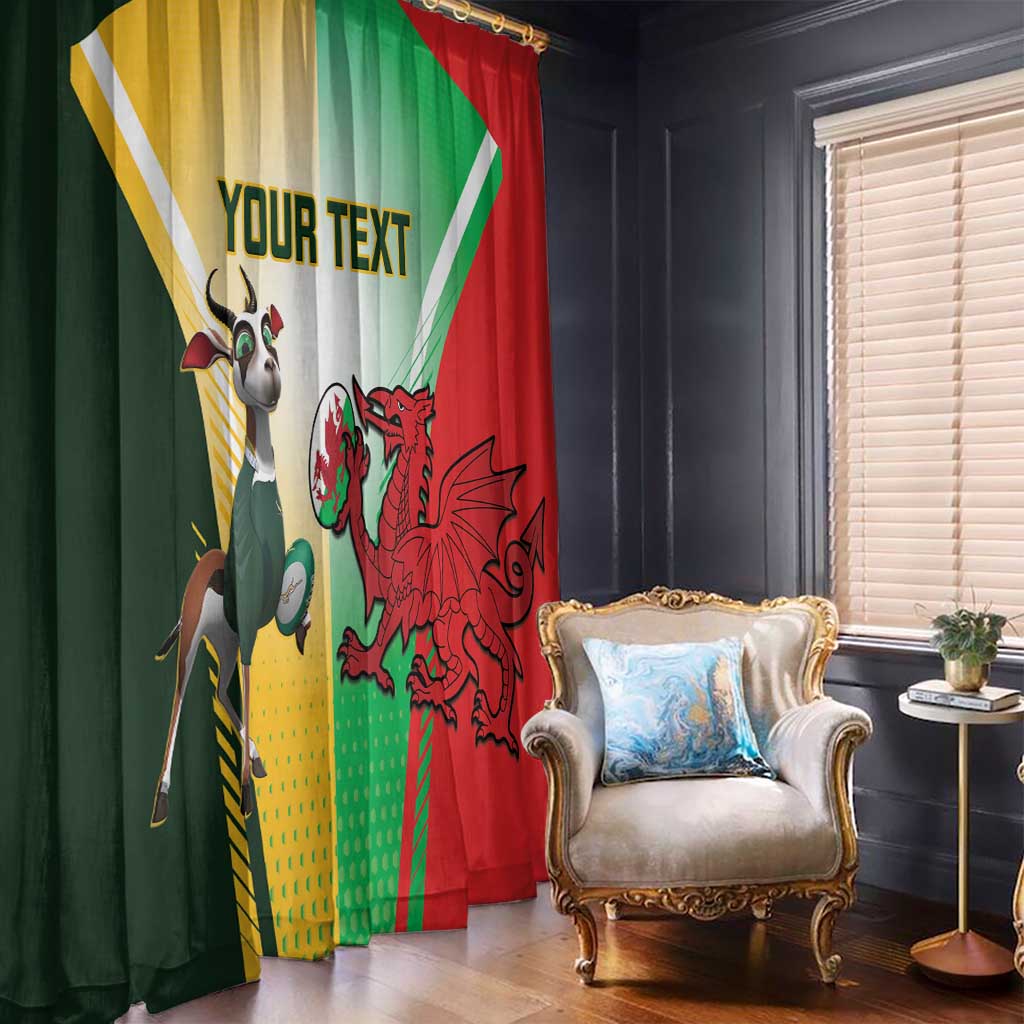 Rugby window curtain panel with Springbok and Welsh dragon motif, green, yellow, red