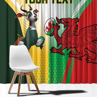 Rugby curtain with Springbok mascot and Welsh dragon print, green yellow red