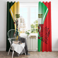 Rugby curtains showing Springbok mascot and Welsh dragon, green yellow and red