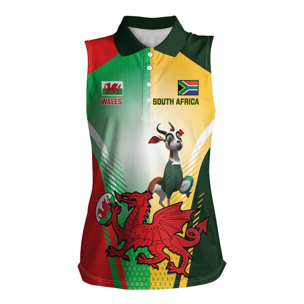 Custom South Africa And Wales Rugby Women Sleeveless Polo Shirt Springboks Welsh Mascots Dynamic Version