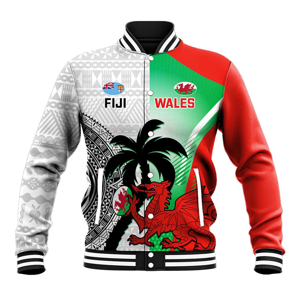 Red and green rugby baseball jacket with white tapa print, mascots, black ribbed collar