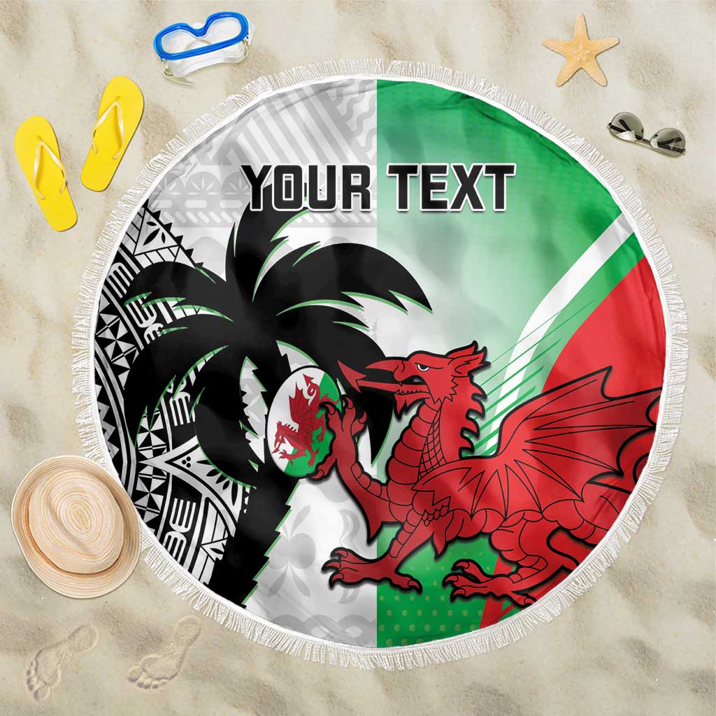 Round beach blanket with fringe edge, green/white/red dragon graphic and 'YOUR TEXT'