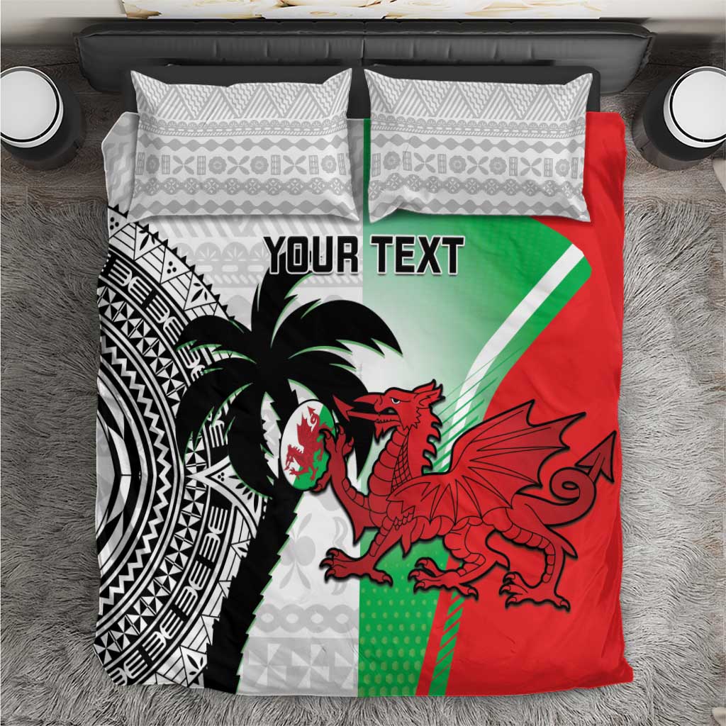 Rugby bedding set with white/gray pillowcases and red-black-green duvet, custom text
